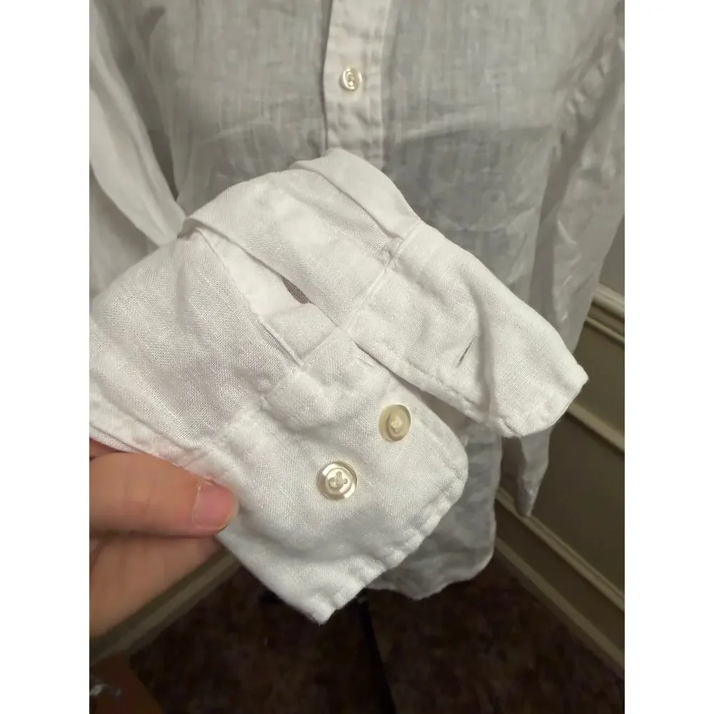 Charles Tyrwhitt Mens 100% Linen Long-Sleeve Button-Down Shirt White Resort Wear